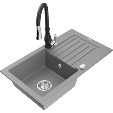 Mexen Pablo 1-bowl granite kitchen sink with drainer and Savita kitchen faucet, gray - 6510-71-672601-70