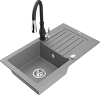 Mexen Pablo 1-bowl granite sink with drainer and Savita kitchen faucet, gray - 6510-71-672601-70