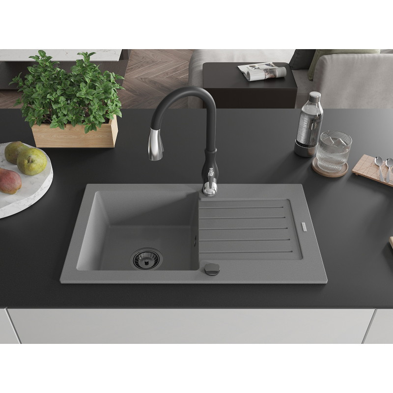 Mexen Pablo granite sink 1-bowl with drainer and kitchen faucet Savita, gray - 6510-71-672601-70-B