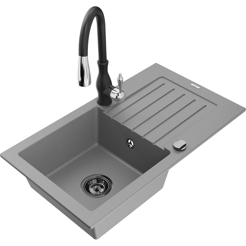 Mexen Pablo granite sink 1-bowl with drainer and kitchen faucet Savita, gray - 6510-71-672601-70-B