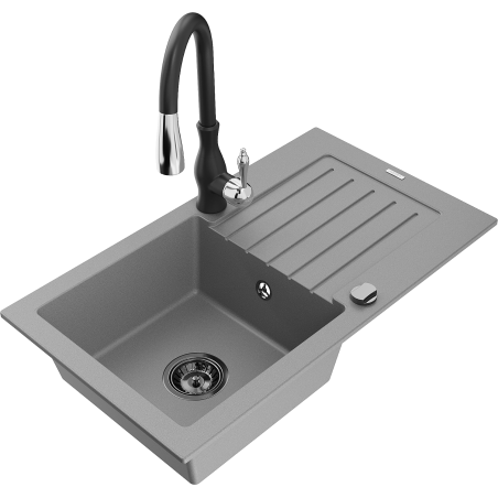 Mexen Pablo granite sink 1-bowl with drainer and Savita kitchen faucet, gray - 6510-71-672601-70-B