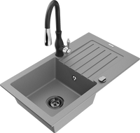 Mexen Pablo granite sink 1-bowl with drainer and Savita kitchen faucet, gray - 6510-71-672601-70-B