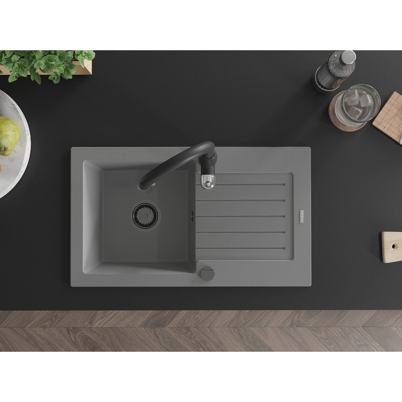 Mexen Pablo granite sink 1-bowl with drainer and kitchen faucet Savita, gray - 6510-71-672601-70-B