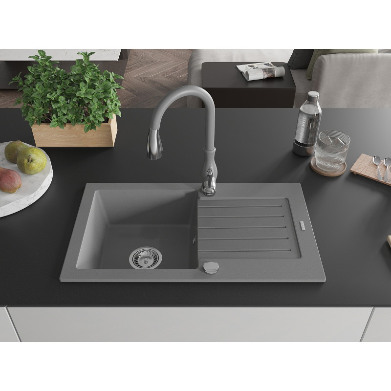 Mexen Pablo 1-bowl granite sink with drainer and Savita kitchen faucet, gray - 6510-71-672601-71