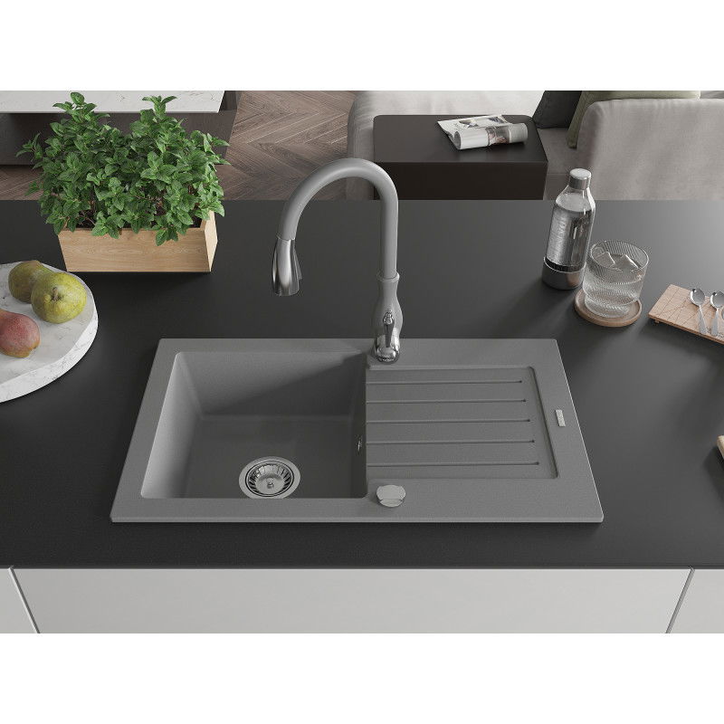 Mexen Pablo 1-Bowl Granite Sink with Drainer and Savita Kitchen Tap, Grey - 6510-71-672601-71