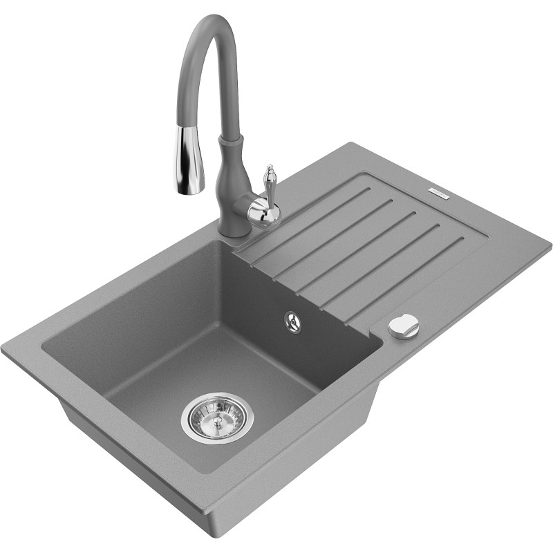 Mexen Pablo 1-bowl granite sink with drainer and Savita kitchen faucet, gray - 6510-71-672601-71