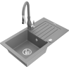 Mexen Pablo 1-bowl granite sink with drainer and Savita kitchen faucet, gray - 6510-71-672601-71