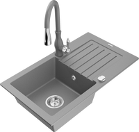 Mexen Pablo 1-bowl granite sink with drainer and Savita kitchen faucet, gray - 6510-71-672601-71