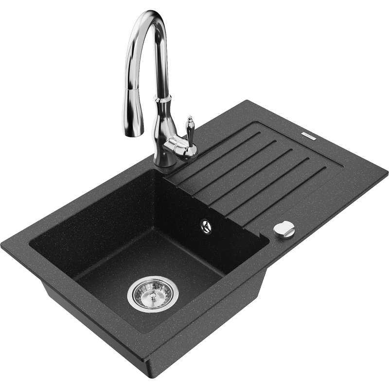 Mexen Pablo 1-compartment granite sink with a drip tray and kitchen mixer tap Savita, Black/Silver metallic - 6510-73-672601-00