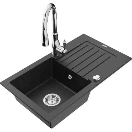 Mexen Pablo 1-bowl granite sink with drainer and kitchen faucet Savita, black/silver metallic - 6510-73-672601-00