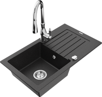 Mexen Pablo 1-bowl granite sink with drainer and kitchen faucet Savita, black/silver metallic - 6510-73-672601-00