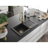 Mexen Pablo granite sink 1-bowl with drainer and kitchen faucet Savita, black/silver metallic - 6510-73-672601-50
