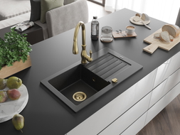 Mexen Pablo granite sink 1-bowl with drainer and kitchen faucet Savita, black/silver metallic - 6510-73-672601-50
