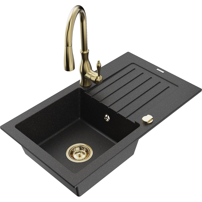 Mexen Pablo 1-bowl granite sink with drainer and Savita kitchen tap, black/silver metallic - 6510-73-672601-50