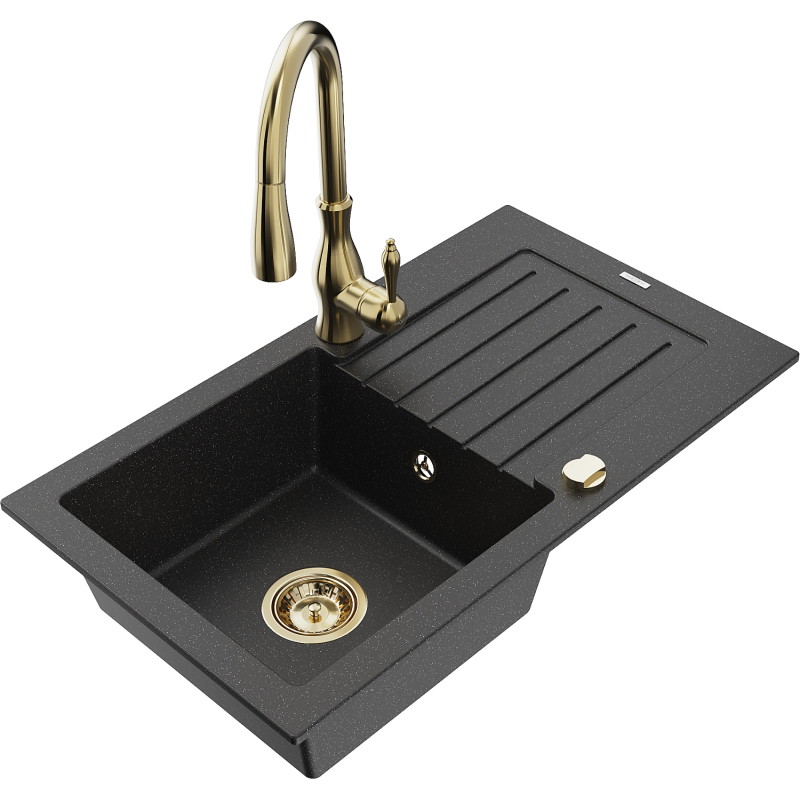 Mexen Pablo granite sink 1-bowl with drainer and kitchen faucet Savita, black/silver metallic - 6510-73-672601-50