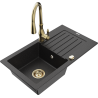 Mexen Pablo granite sink 1-bowl with drainer and kitchen faucet Savita, black/silver metallic - 6510-73-672601-50