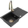 Mexen Pablo granite sink 1-bowl with drainer and Savita kitchen faucet, black/silver metallic - 6510-73-672601-50