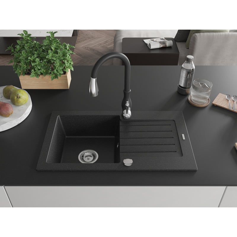 Mexen Pablo granite sink 1-bowl with drainer and Savita kitchen tap, black/silver metallic - 6510-73-672601-70