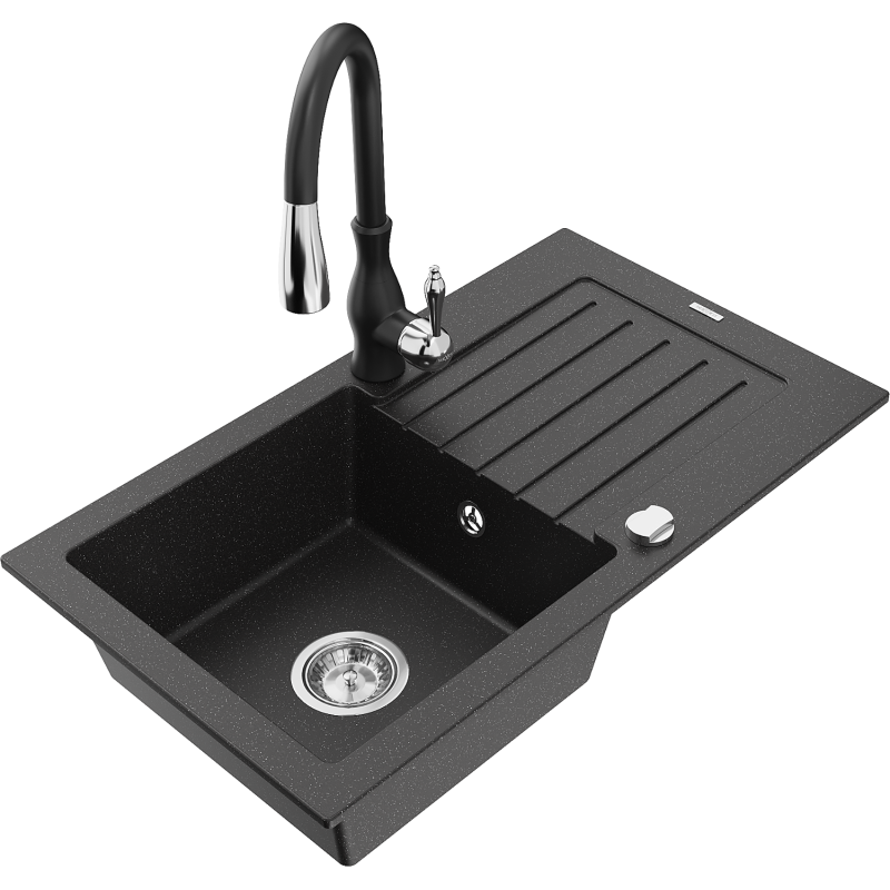 Mexen Pablo 1-compartment granite sink with a drip tray and kitchen mixer tap Savita, Black/Silver metallic - 6510-73-672601-70