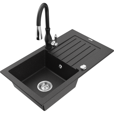 Mexen Pablo 1-bowl granite sink with drainer and Savita kitchen faucet, black/silver metallic - 6510-73-672601-70