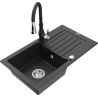 Mexen Pablo 1-bowl granite sink with drainer and Savita kitchen faucet, black/silver metallic - 6510-73-672601-70