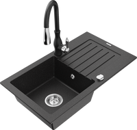 Mexen Pablo granite sink 1-bowl with drainer and Savita kitchen tap, black/silver metallic - 6510-73-672601-70