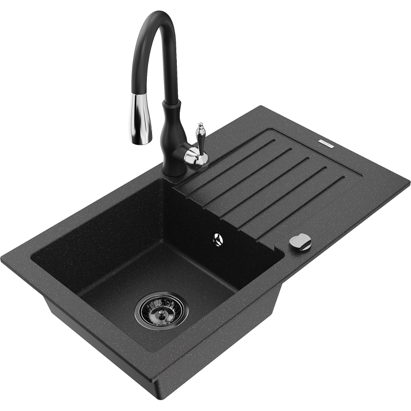 Mexen Pablo 1-compartment granite sink with a drip tray and kitchen mixer tap Savita, Black/Silver - 6510-73-672601-70-B