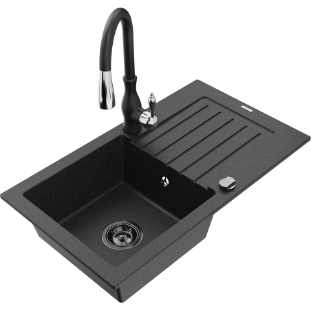 Mexen Pablo 1-Bowl Granite Sink with Drainer and Savita Kitchen Faucet, Black/Silver - 6510-73-672601-70-B