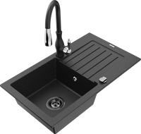 Mexen Pablo 1-bowl granite sink with drainer and Savita kitchen faucet, black/silver - 6510-73-672601-70-B