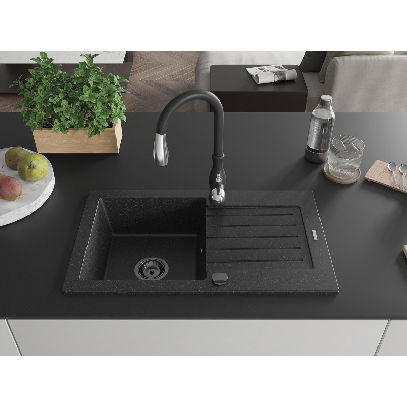 Mexen Pablo 1-Bowl Granite Sink with Drainer and Savita Kitchen Faucet, Black/Silver - 6510-73-672601-70-B