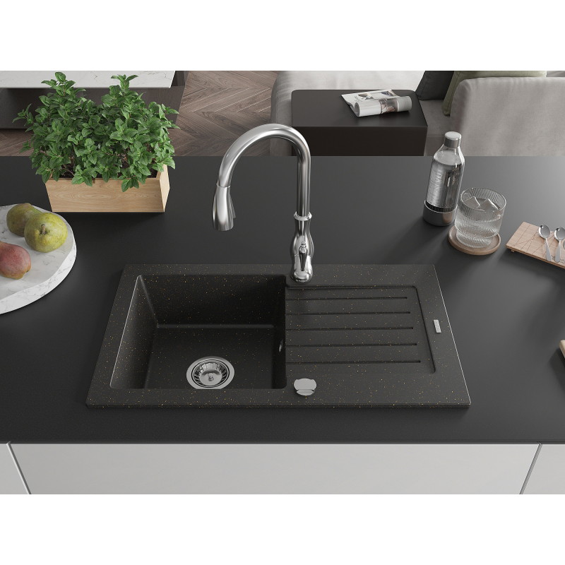 Mexen Pablo 1-bowl granite sink with drainer and Savita kitchen faucet, black/gold metallic - 6510-75-672601-00