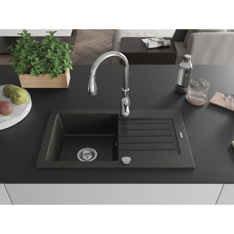 Mexen Pablo granite kitchen sink 1-bowl with drainer and kitchen faucet Savita, black/gold metallic - 6510-75-672601-00