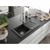 Mexen Pablo granite kitchen sink 1-bowl with drainer and kitchen faucet Savita, black/gold metallic - 6510-75-672601-00
