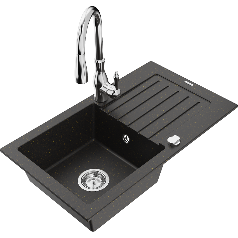 Mexen Pablo 1-bowl granite sink with drainer and Savita kitchen tap, black/gold metallic - 6510-75-672601-00