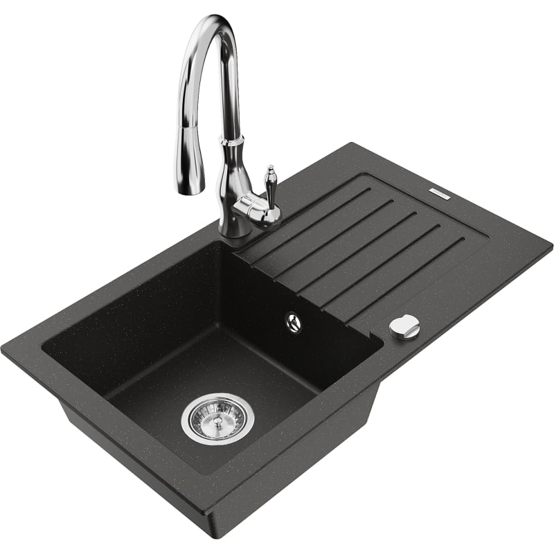Mexen Pablo granite kitchen sink 1-bowl with drainer and kitchen faucet Savita, black/gold metallic - 6510-75-672601-00