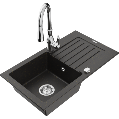 Mexen Pablo 1-bowl granite sink with drainer and Savita kitchen faucet, black/gold metallic - 6510-75-672601-00