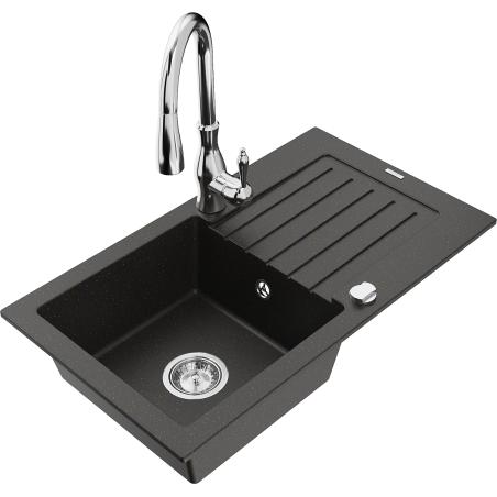 Mexen Pablo granite kitchen sink 1-bowl with drainer and kitchen faucet Savita, black/gold metallic - 6510-75-672601-00