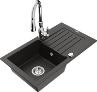 Mexen Pablo granite kitchen sink 1-bowl with drainer and kitchen faucet Savita, black/gold metallic - 6510-75-672601-00