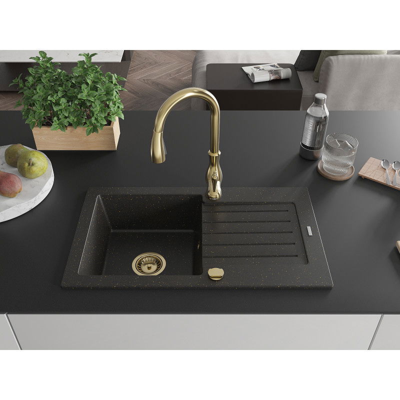 Mexen Pablo granite kitchen sink 1-bowl with drainer and Savita kitchen tap, black/gold metallic - 6510-75-672601-50