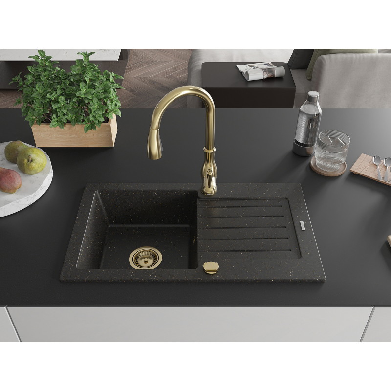 Mexen Pablo granite single-bowl sink with drainer and Savita kitchen faucet, black/gold metallic - 6510-75-672601-50
