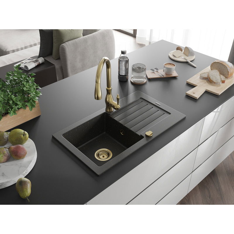 Mexen Pablo granite kitchen sink 1-bowl with drainer and Savita kitchen tap, black/gold metallic - 6510-75-672601-50