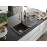 Mexen Pablo granite single-bowl sink with drainer and Savita kitchen faucet, black/gold metallic - 6510-75-672601-50