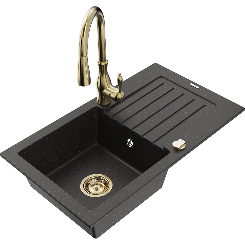Mexen Pablo 1-compartment granite sink with a drip tray and kitchen mixer tap Savita, Black/Gold metallic - 6510-75-672601-50