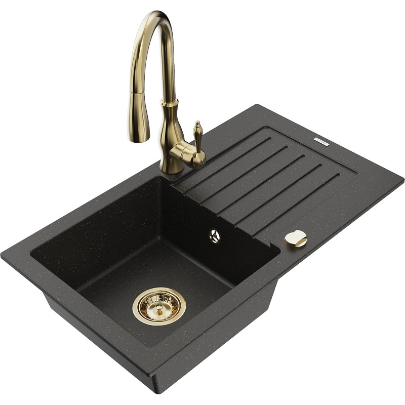 Mexen Pablo granite sink 1-bowl with drainer and Savita kitchen faucet, black/gold metallic - 6510-75-672601-50