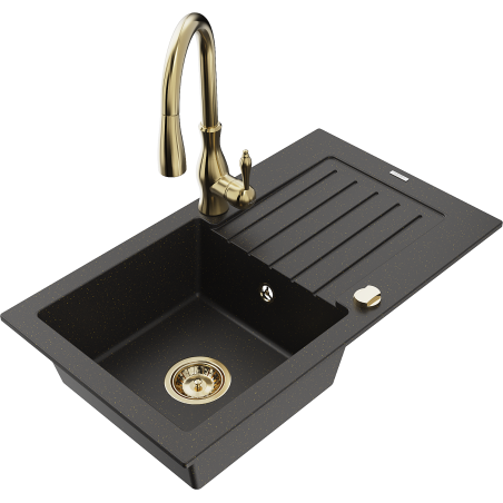 Mexen Pablo granite sink 1-bowl with drainer and Savita kitchen faucet, black/gold metallic - 6510-75-672601-50