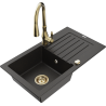 Mexen Pablo granite kitchen sink 1-bowl with drainer and Savita kitchen tap, black/gold metallic - 6510-75-672601-50