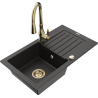 Mexen Pablo granite sink 1-bowl with drainer and Savita kitchen faucet, black/gold metallic - 6510-75-672601-50