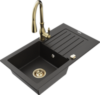 Mexen Pablo granite sink 1-bowl with drainer and Savita kitchen faucet, black/gold metallic - 6510-75-672601-50