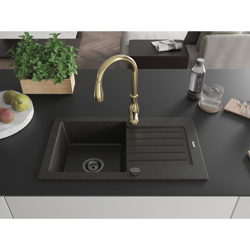 Mexen Pablo Granite Kitchen Sink 1-Bowl with Drainer and Savita Kitchen Faucet, Black/Gold Metallic - 6510-75-672601-50-B