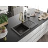 Mexen Pablo granite sink 1-bowl with drainer and Savita kitchen faucet, black/golden metallic - 6510-75-672601-50-B
